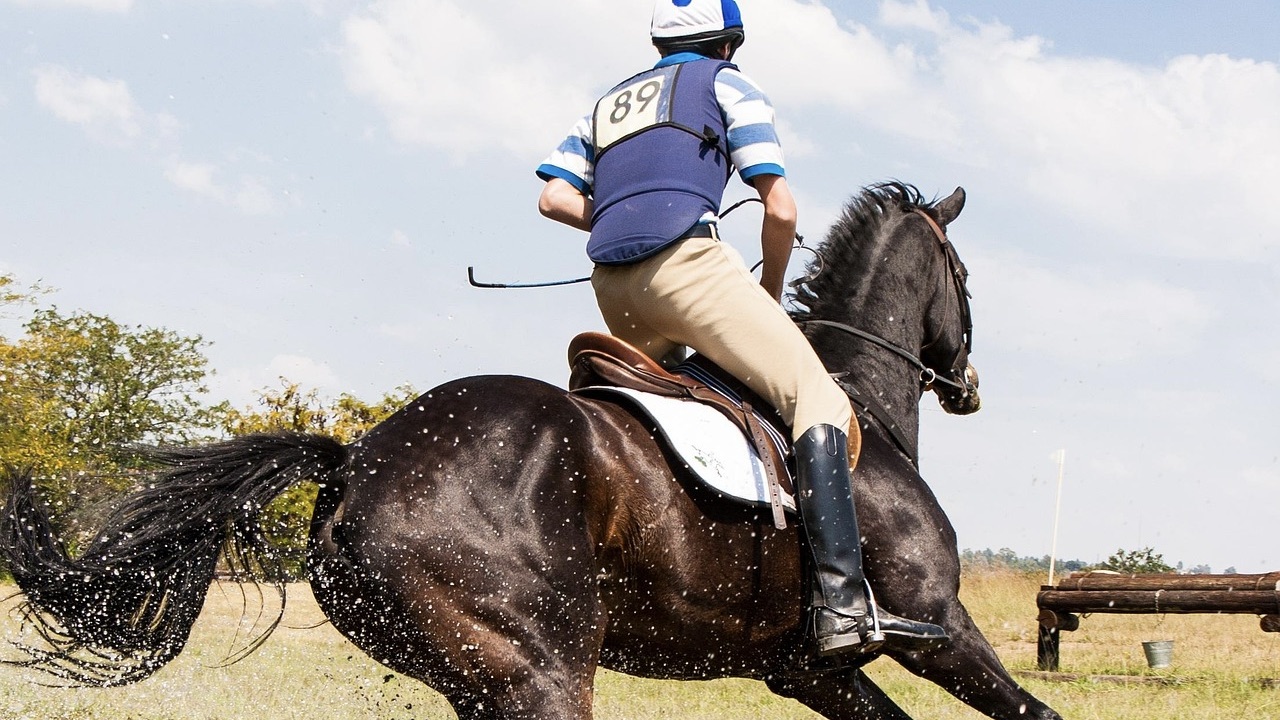 Eventing rider wearing number 89 galloping a dark horse across a field, water droplets flying near a cross-country log obstacle.