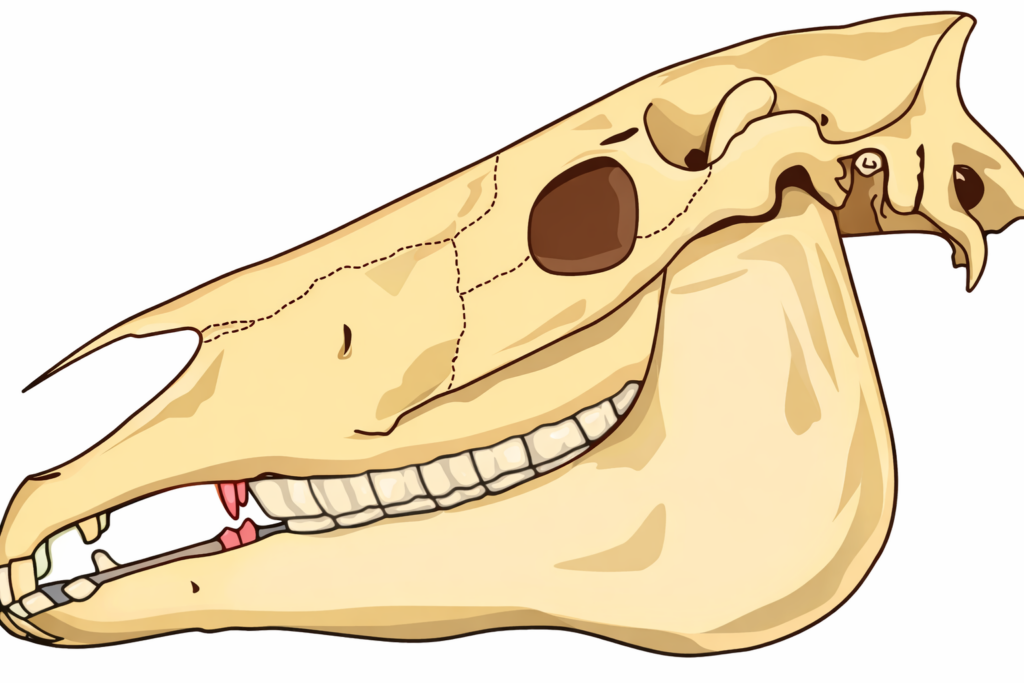 Side-view illustration of a horse skull showing the small wolf tooth (P1/05) highlighted in pink in front of the first cheek tooth.